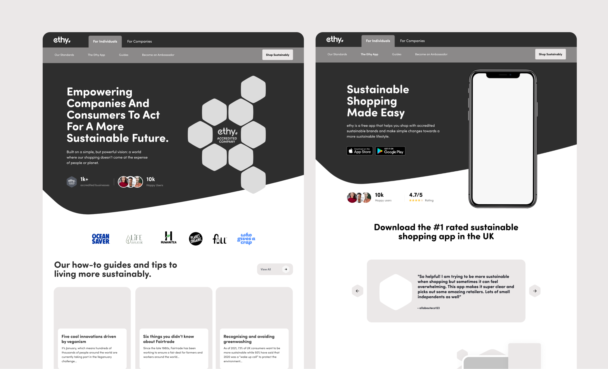 Wireframe explorations created for the Ethy website to refine layouts, content hierarchy and user experience.