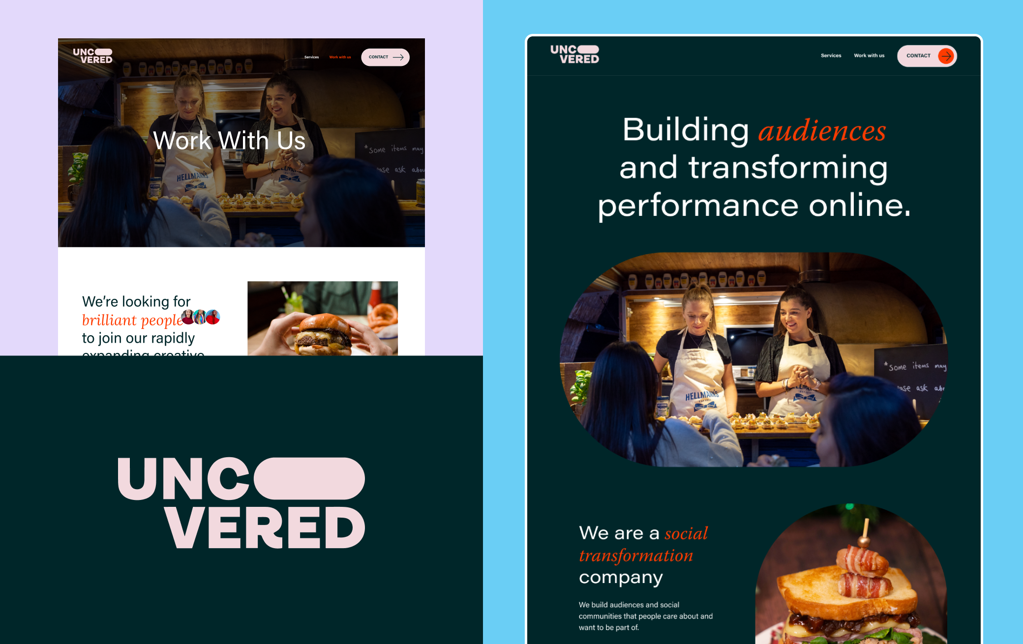 Collage showcasing the Uncovered Group brand identity, imagery and website designs.