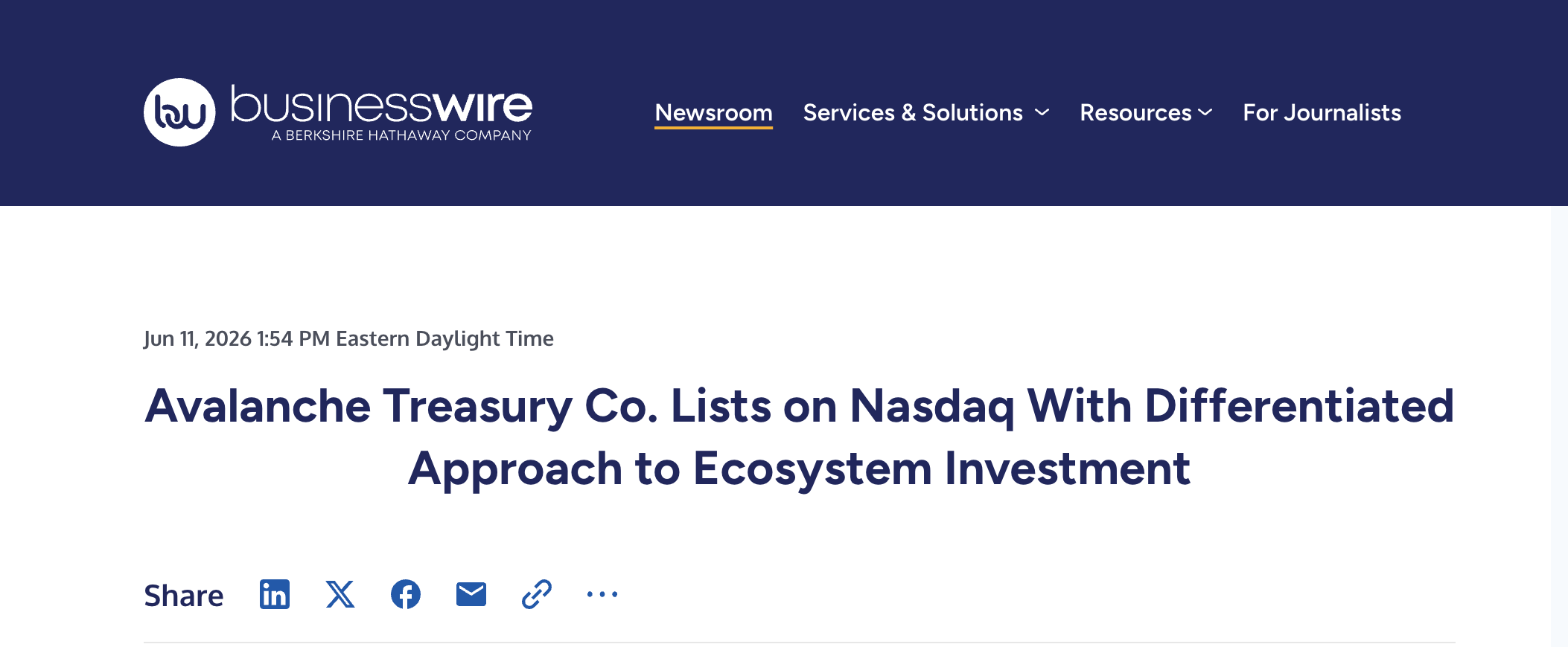 Avalanche Treasury Co. Lists on Nasdaq With Differentiated Approach to Ecosystem Investment