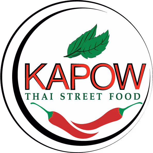 Kapow Thai Street Food logo with two green leaves above and two red chili peppers below the text inside a circle.
