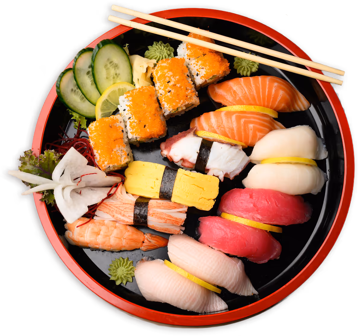 Plate of assorted sushi including salmon, tuna, lemon-topped fish, and shrimp nigiri with garnish.