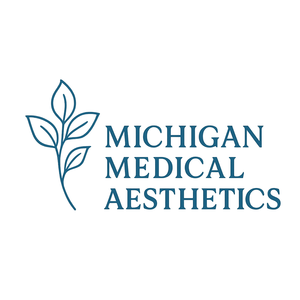 Blue logo with a simple leaf design next to the text Michigan Medical Aesthetics on a gray background.