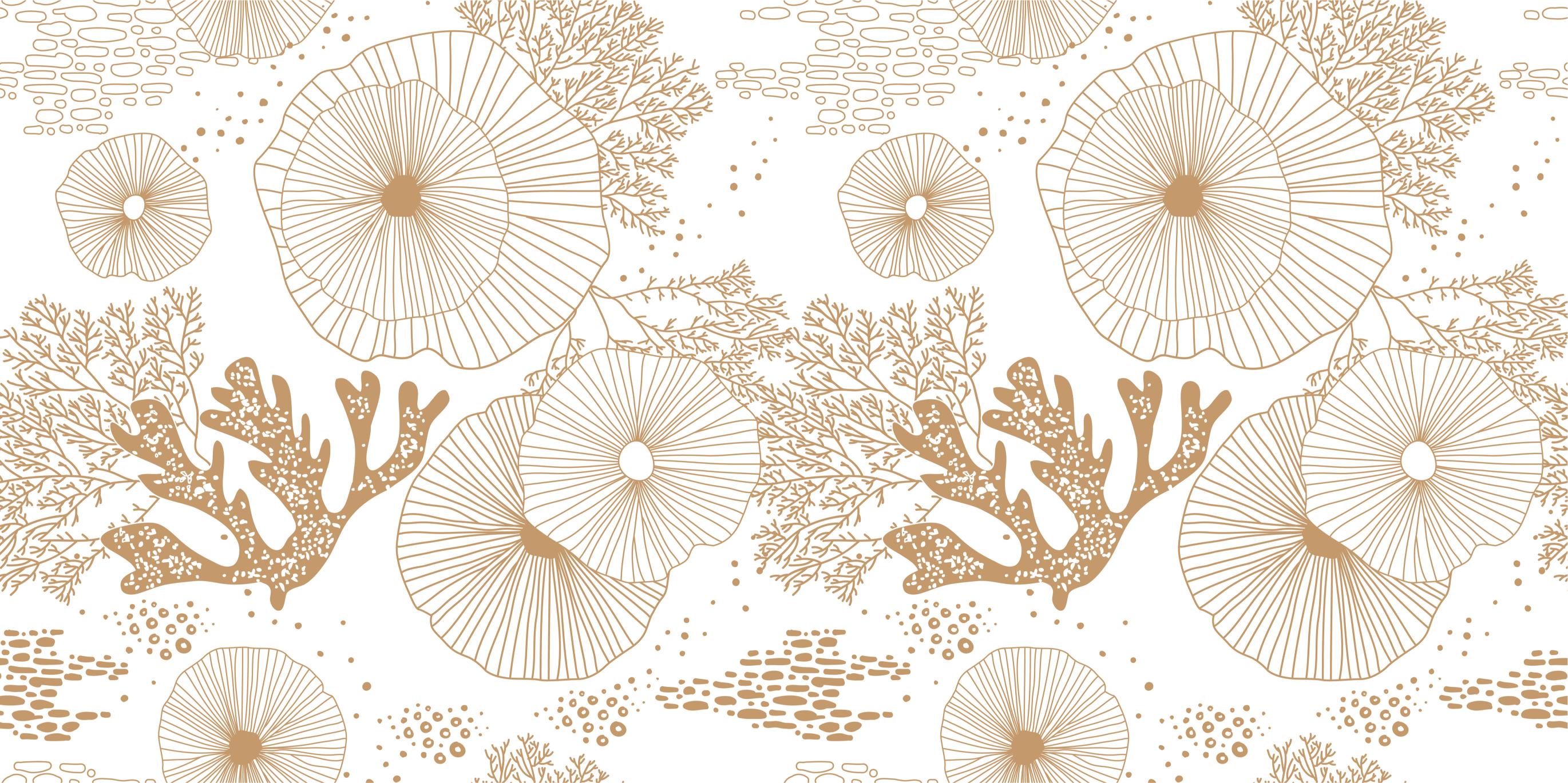 Seamless tan coral reef and seaweed pattern on a white background.