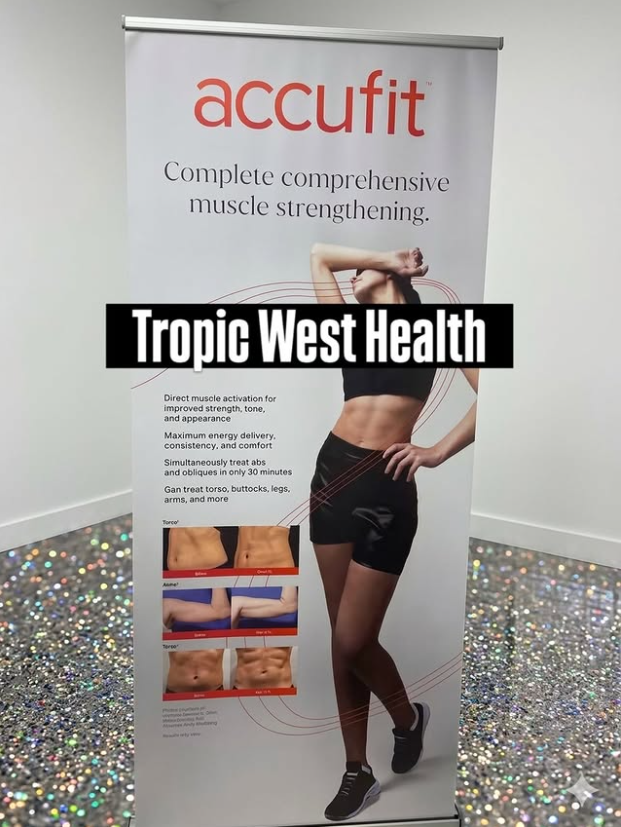 accufit banner with woman in workout clothes promoting muscle strengthening and body toning benefits.
