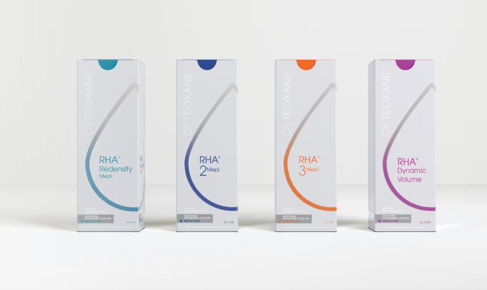 Four Teoxane RHA injectable hyaluronic acid gel product boxes in blue, dark blue, orange, and purple.