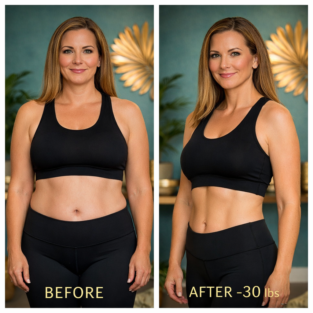 Side-by-side before and after photos of a woman showing weight loss after losing 30 pounds.