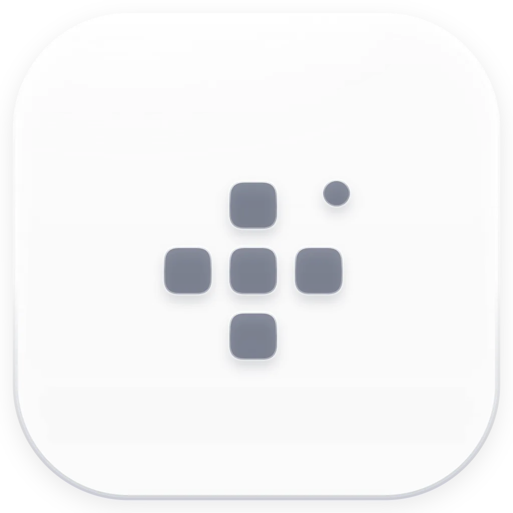 Symbol mit fünf Quadraten und einem kleinen Kreis auf weißem, abgerundetem Quadrat.
