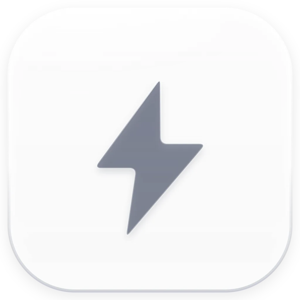 Graues Blitzsymbol auf quadratischem, abgerundetem weißen Hintergrund, das Energie darstellt.