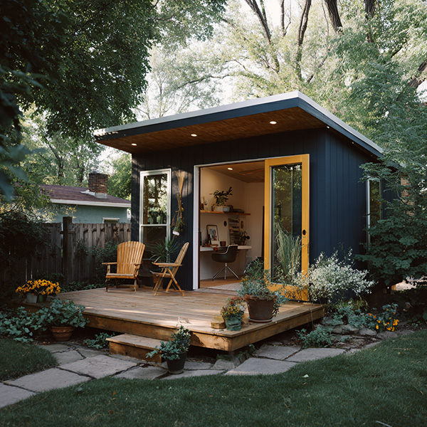 Small modern garden studio with wooden deck, yellow door, chairs, and plants surrounding it.
