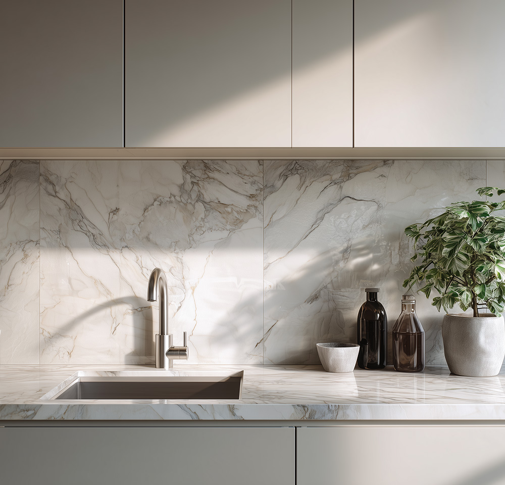 Modern kitchen sink with marble countertop and backsplash, stainless faucet, bottles, bowl, and potted plant.