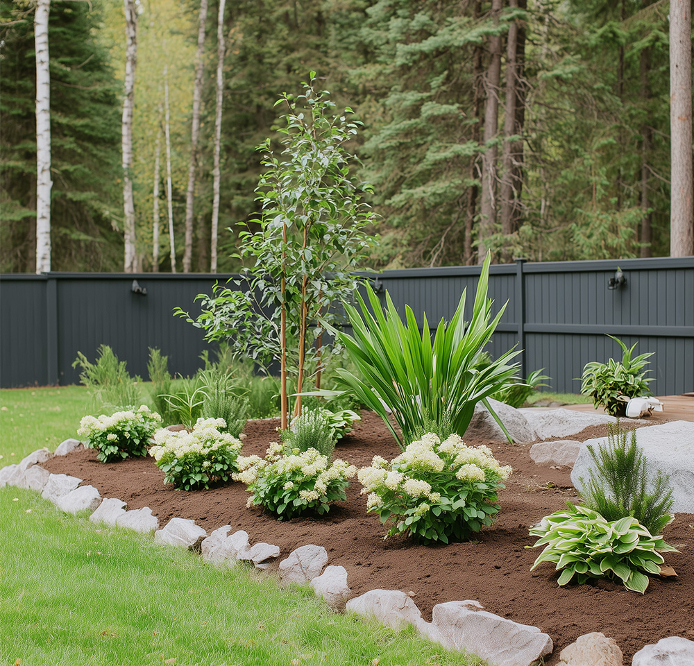 Well-maintained garden bed with shrubs, rock border, and small tree against a gray fence and forest background.