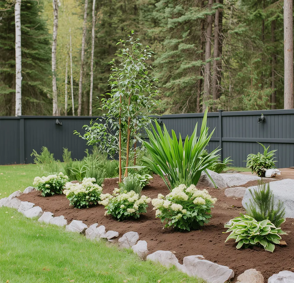 Well-maintained garden bed with shrubs, rock border, and small tree against a gray fence and forest background.