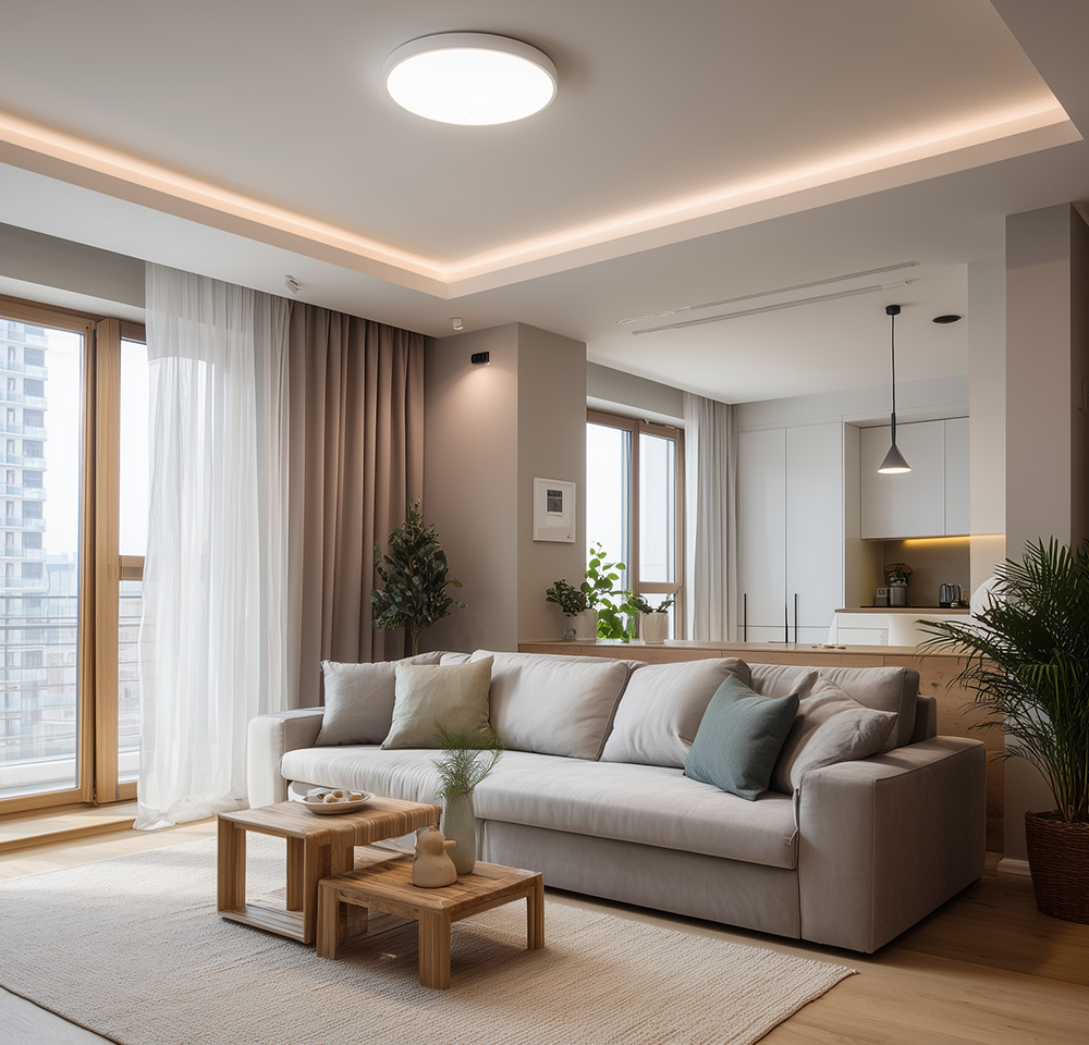 Modern living room with beige sofa, wooden nesting tables, soft cushions, and large windows with curtains.