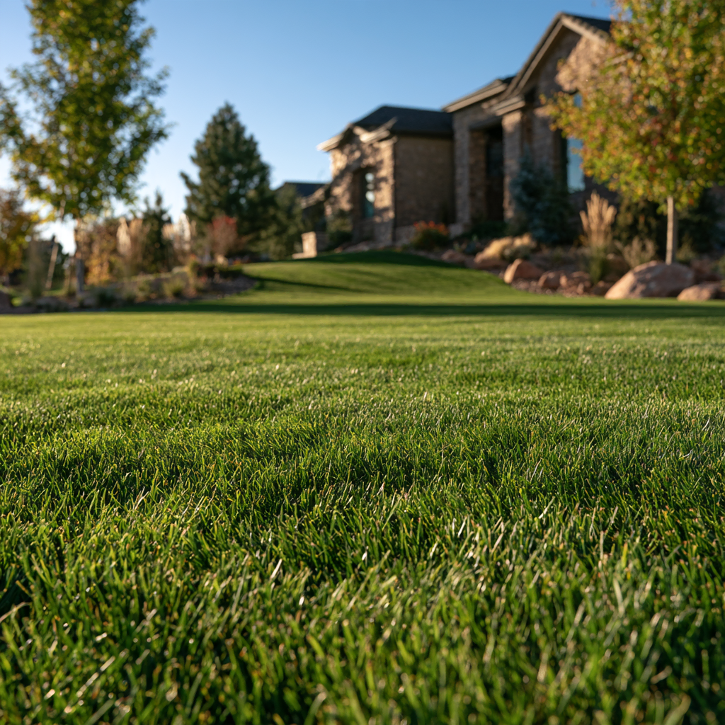Close-up of a lush, green lawn with a large stone house, trees, and landscaping in the background under a clear blue sky.