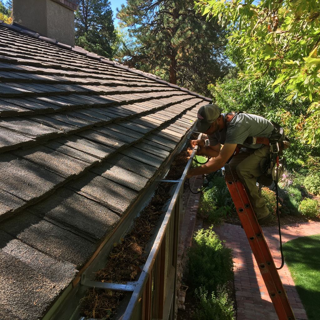 Person wearing a cap and work gear on an orange ladder cleaning debris out of a home gutter on a rooftop surrounded by trees and greenery.