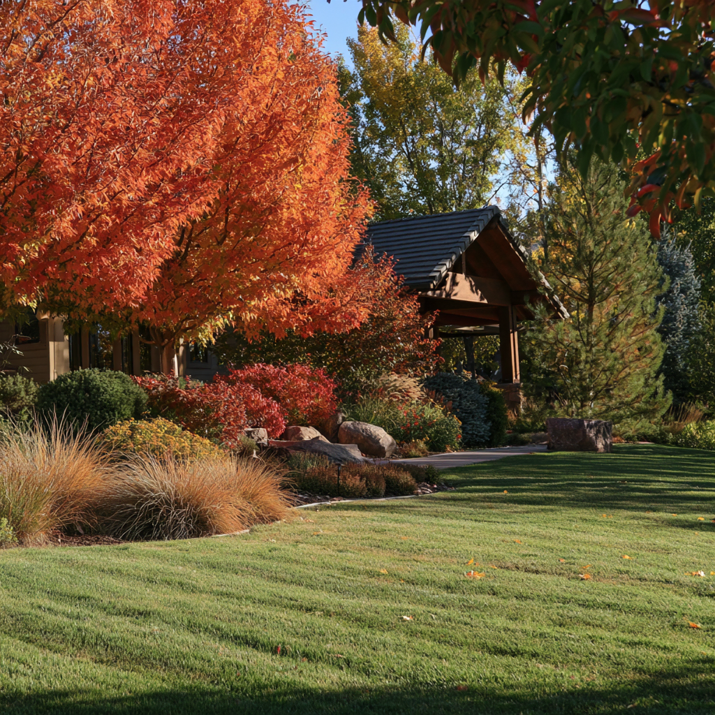 Well-maintained yard with green grass, ornamental grasses, and trees with vibrant red and orange autumn leaves surrounding a wooden gazebo with a dark sloped roof.