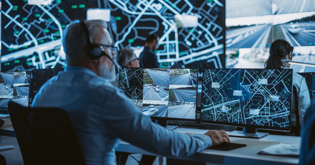 Image of a security leader managing operations from an AV tech-powered security operations center (SOC)