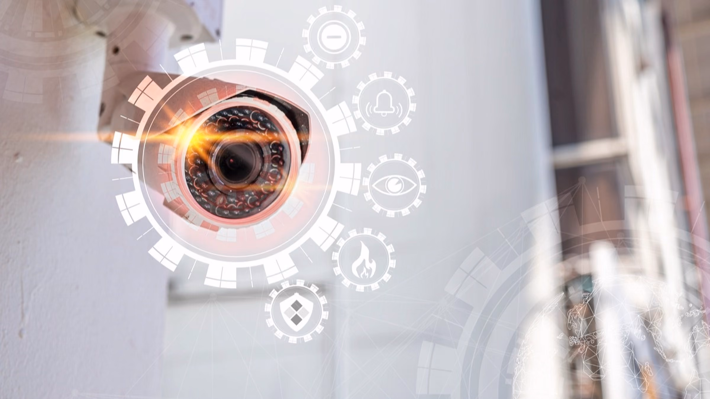 Image of a security camera and visualization of digital functionality to represent an AV-security system