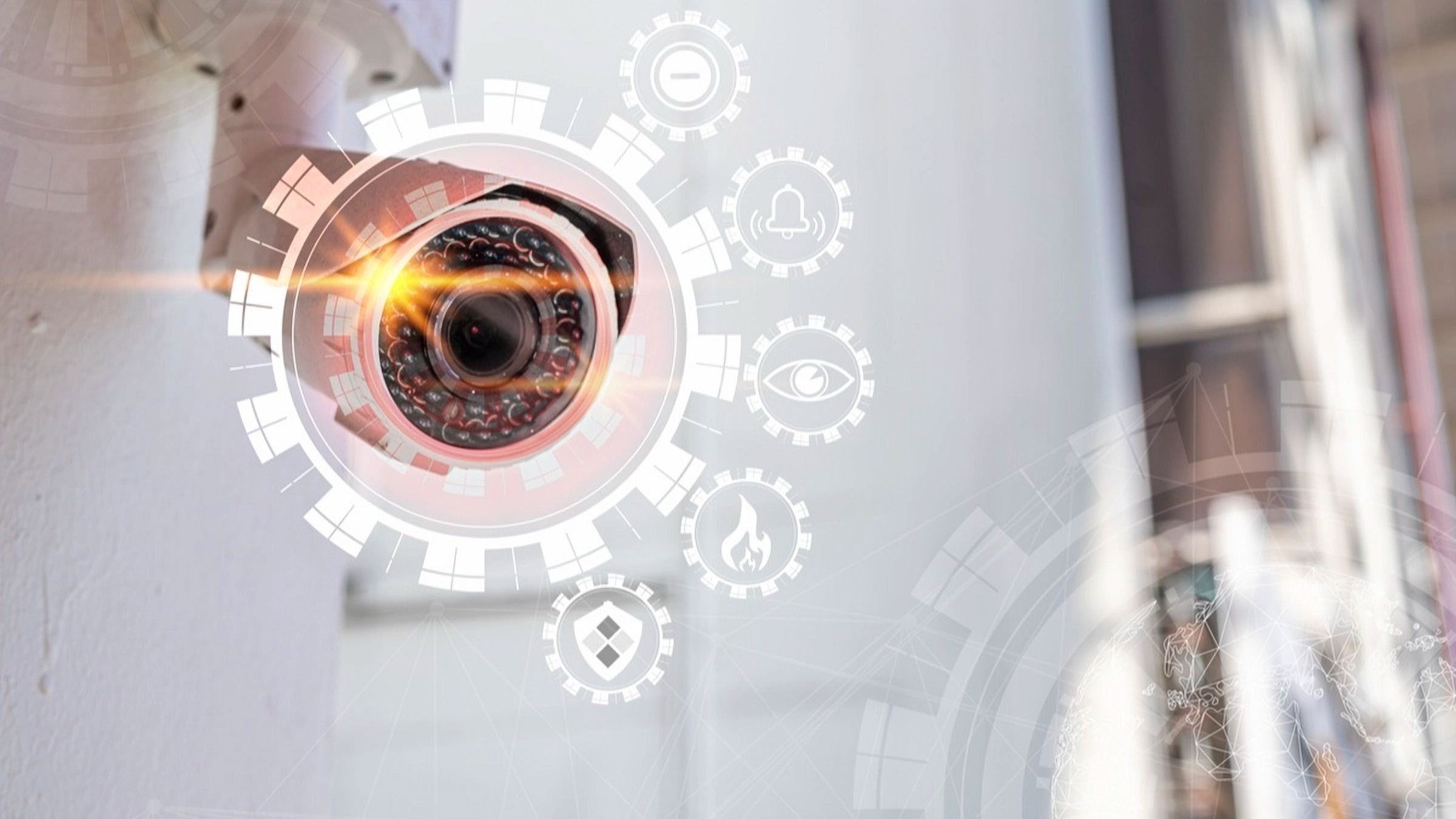 Image of a security camera and visualization of digital functionality to represent an AV-security system
