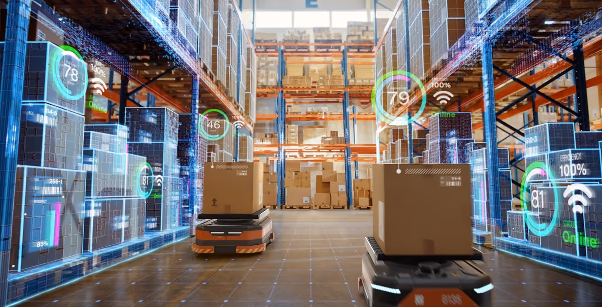 Image showing adaptive robotics being used in warehouse distribution with machine vision technology and edge AI infrastructure