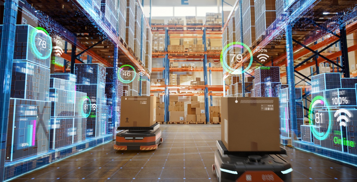 Image showing adaptive robotics being used in warehouse distribution with machine vision technology and edge AI infrastructure