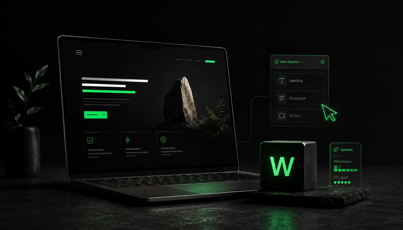 Ordinateur portable affichant une landing page et des blocs de création Webflow