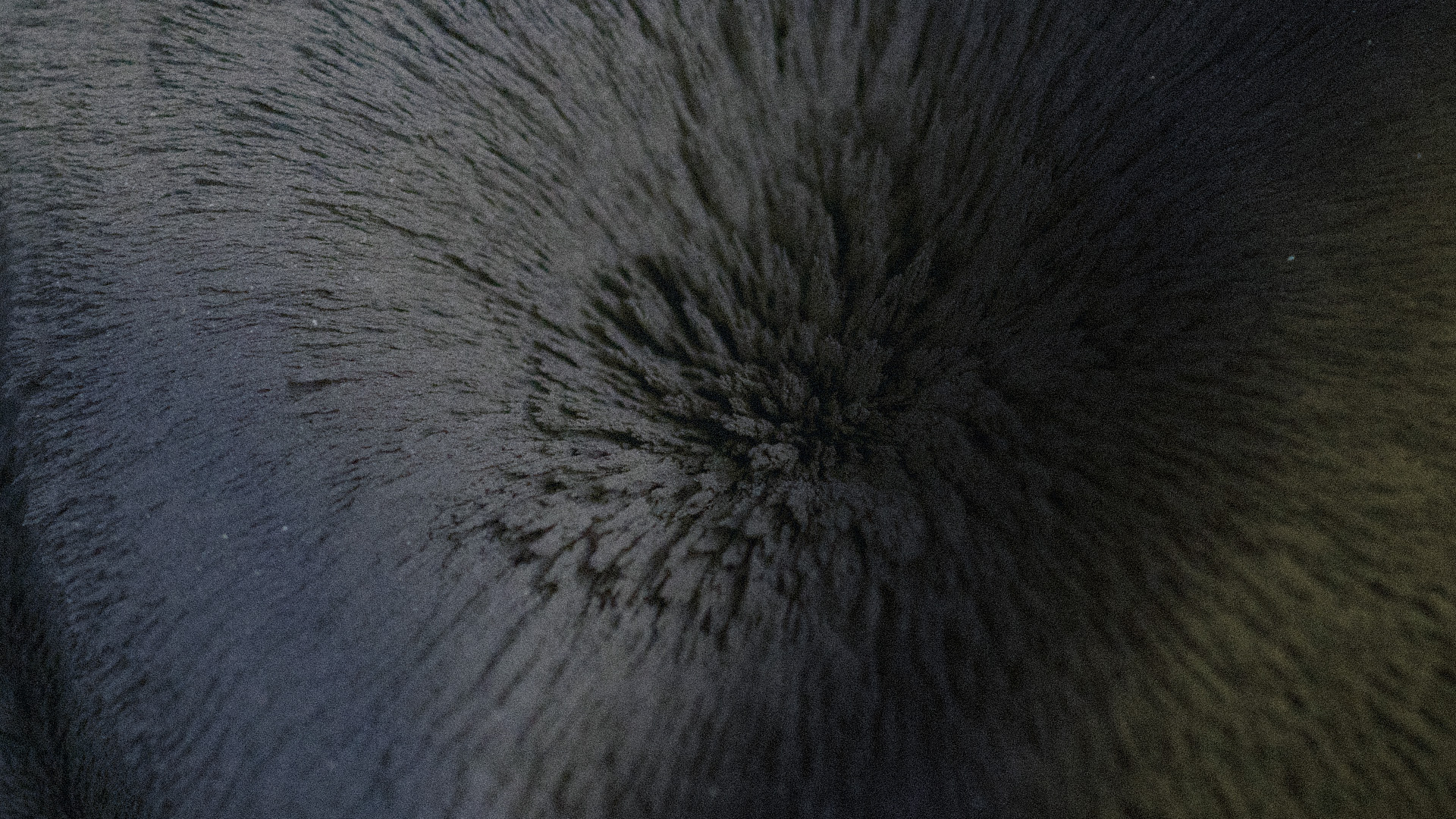 Close-up of black ferrofluid forming spiky patterns in a circular shape on a dark surface.