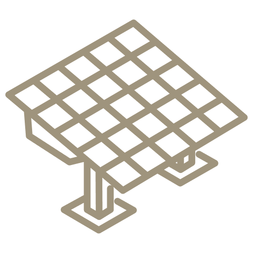 Isometric icon of a solar panel with grid cells mounted on two legs.