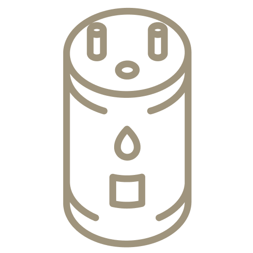 Icon of a cylindrical water heater tank with a water drop symbol on it.