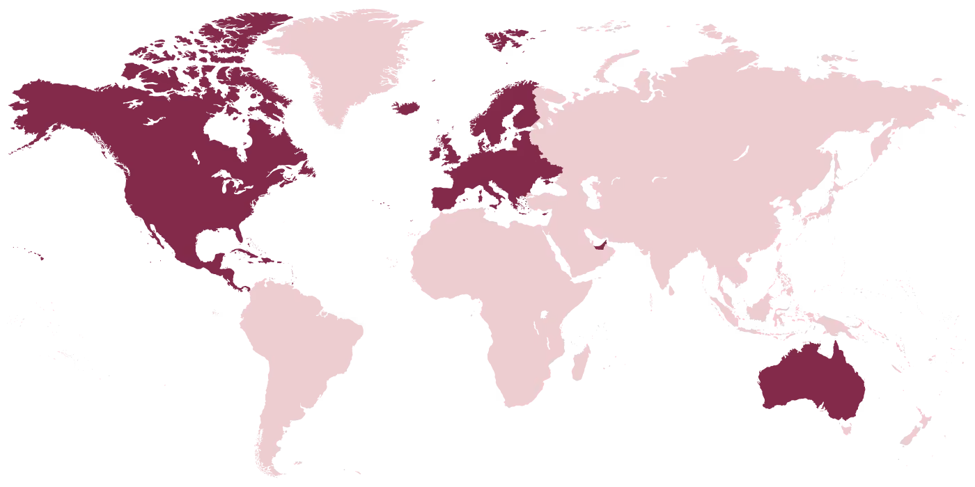 World map of regions where Taylored Consultancy supports compliance