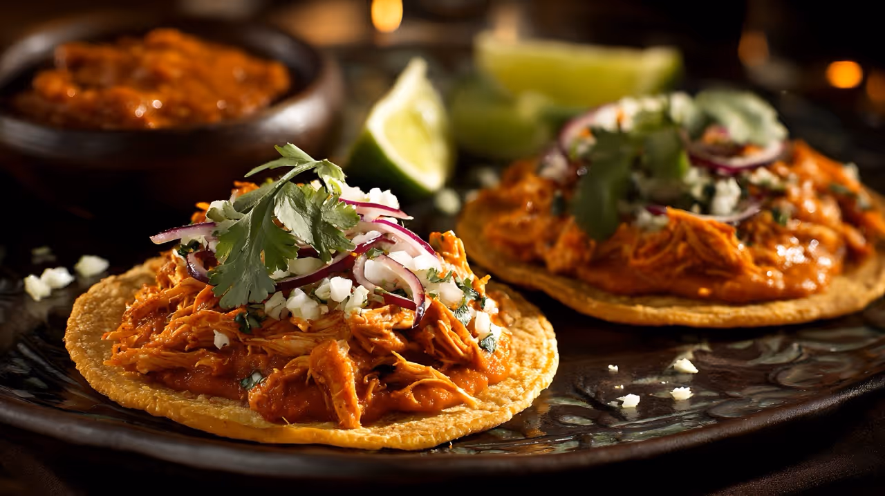 Two chicken tinga tostadas topped with onions, cheese, and cilantro on a dark plate with lime wedges.