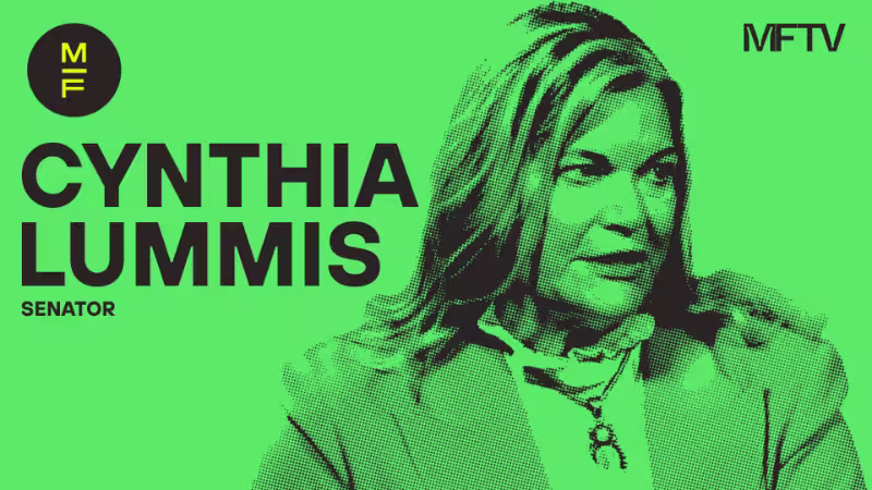 Graphic title card featuring Senator Cynthia Lummis on a green background.