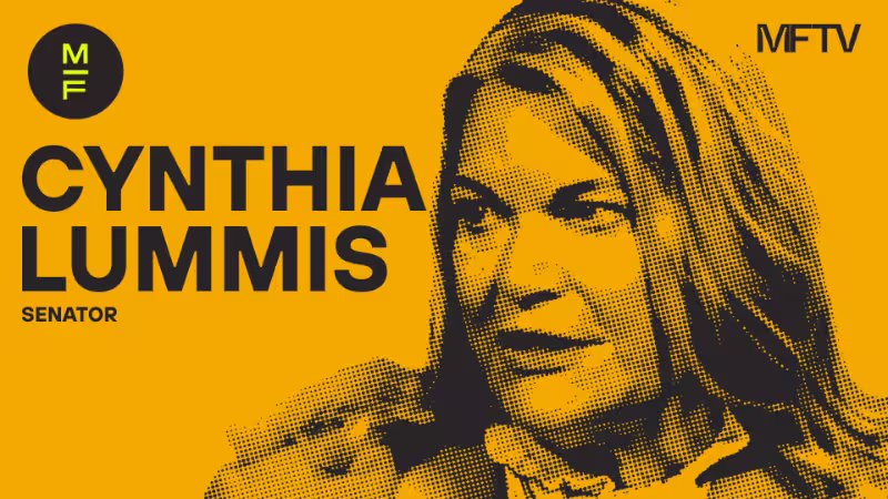 Graphic title card featuring Senator Cynthia Lummis on an orange background.
