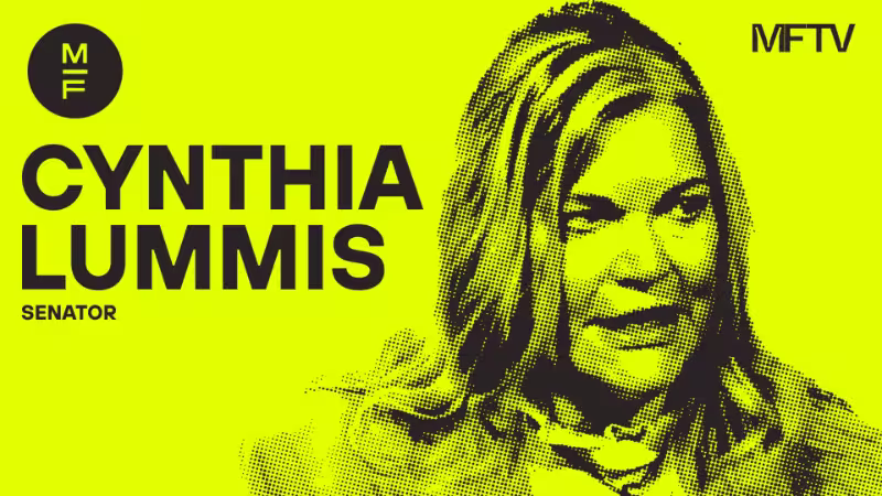 Graphic title card featuring Senator Cynthia Lummis on a bright yellow background.