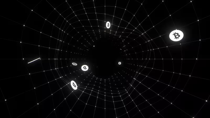 Abstract 3D wireframe tunnel background with glowing white Bitcoin symbols floating through a dark digital grid.