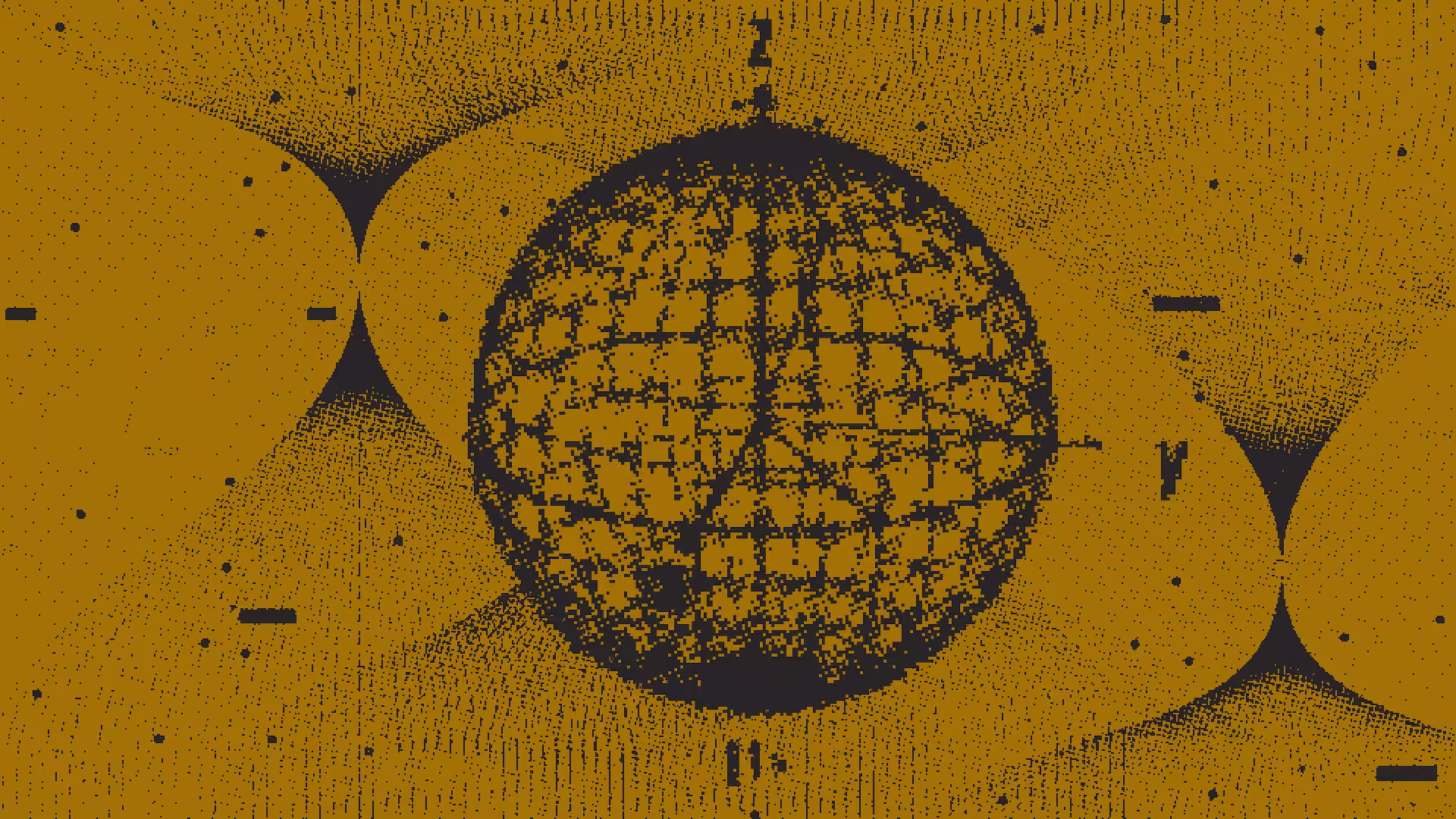 Abstract halftone graphic showing a wireframe sphere with XYZ coordinate axes on a gold background.