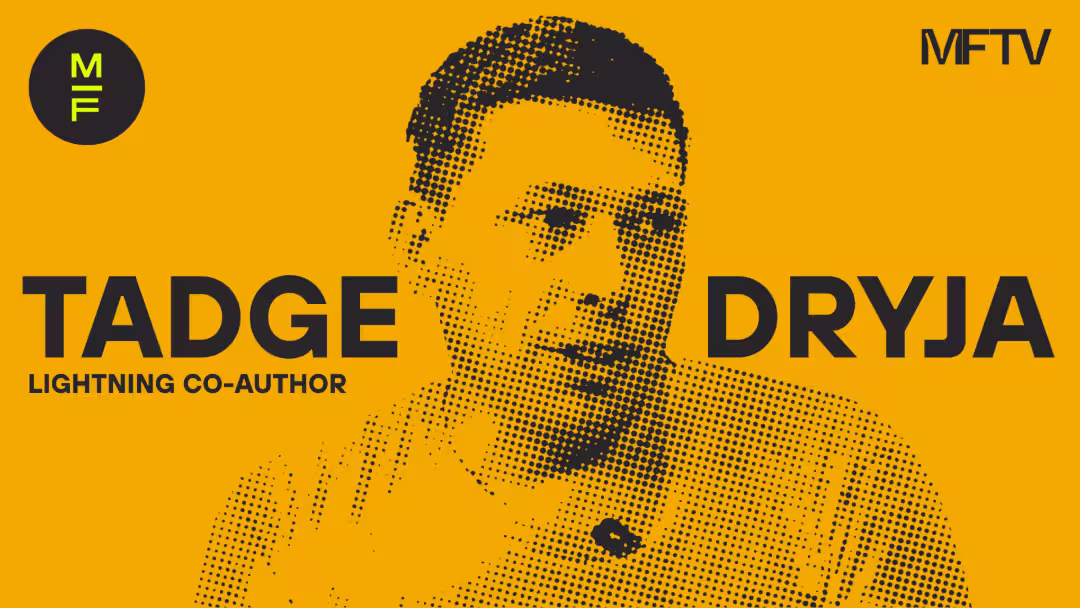 Graphic title card featuring Lightning Co-Author Tadge Dryja on an orange background.