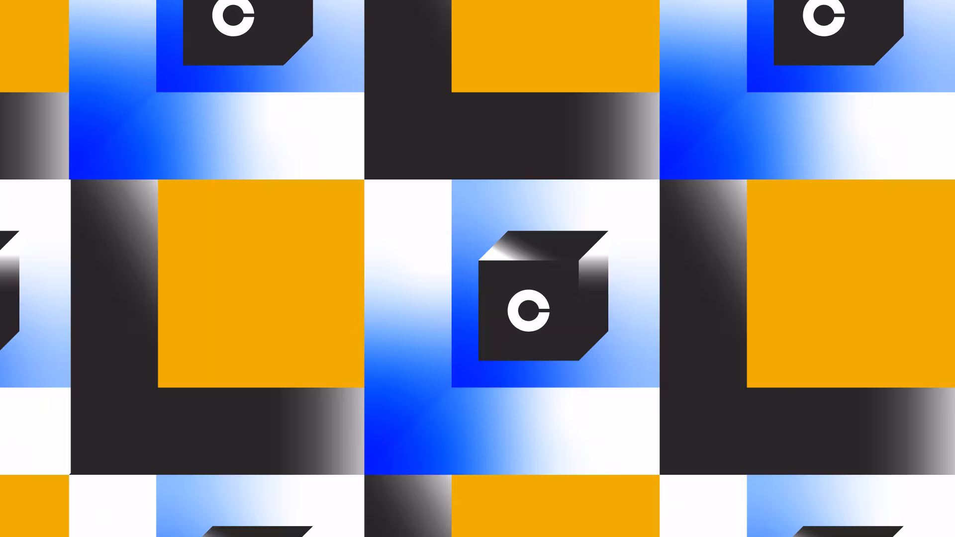 Abstract geometric graphic featuring modular 3D cubes emblazoned with the Coinbase logo across a blue, yellow, and black patterned grid.