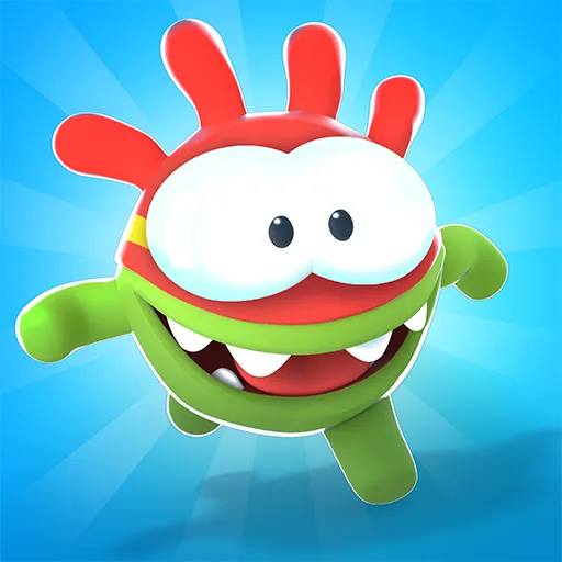 Colorful animated character with large eyes, red head with five finger-like protrusions, and green limbs on blue background.