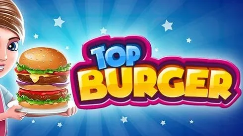 Cartoon woman holding a large burger with lettuce and tomato next to 'Top Burger' logo on a blue background.
