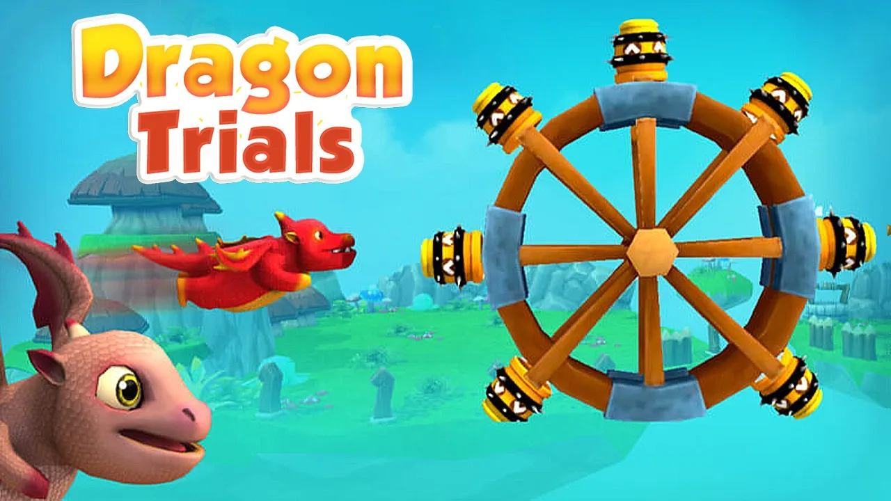 Two cartoon dragons near a wooden spiked rotating wheel in a colorful fantasy landscape with Dragon Trials text.