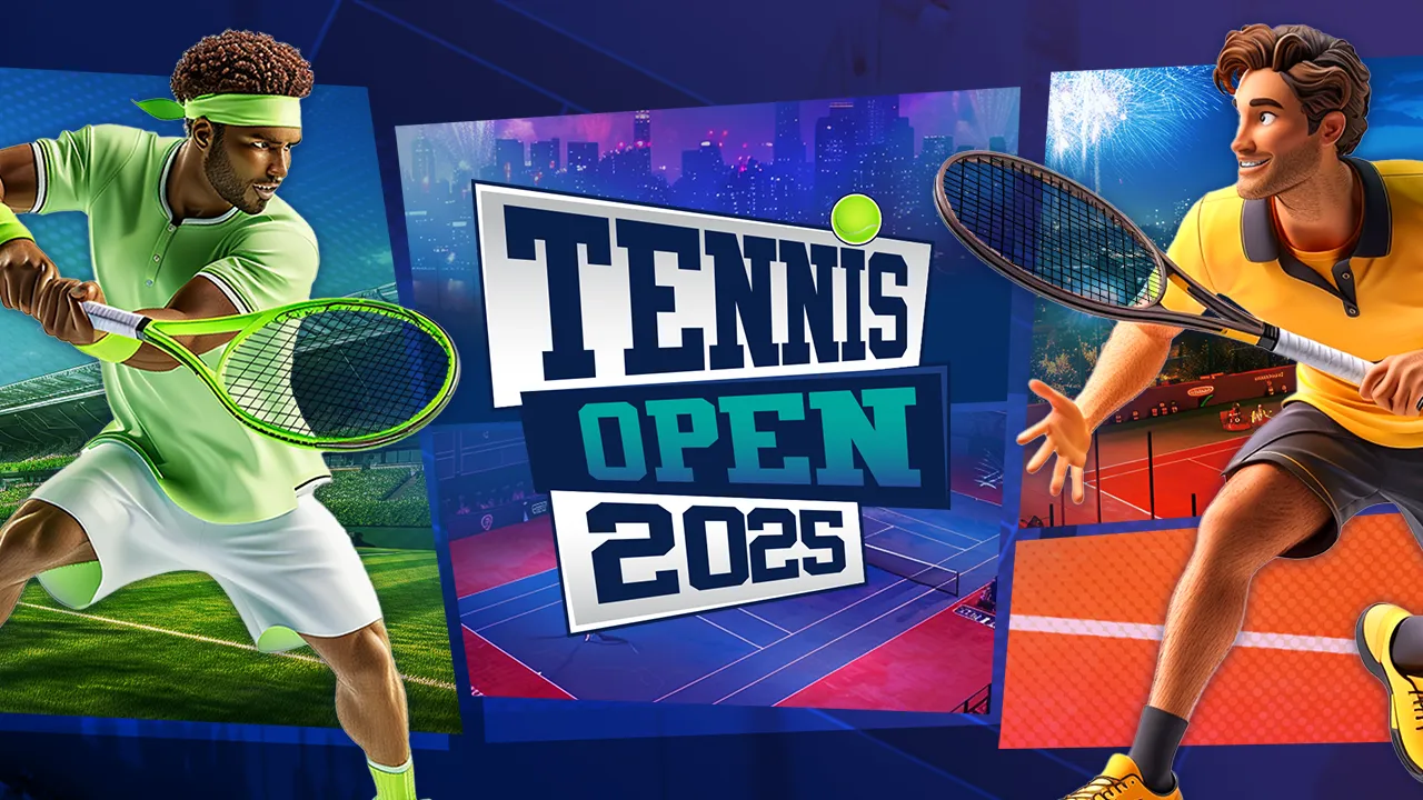 Graphic showing two animated tennis players and the text 'Tennis Open 2025' in the center.