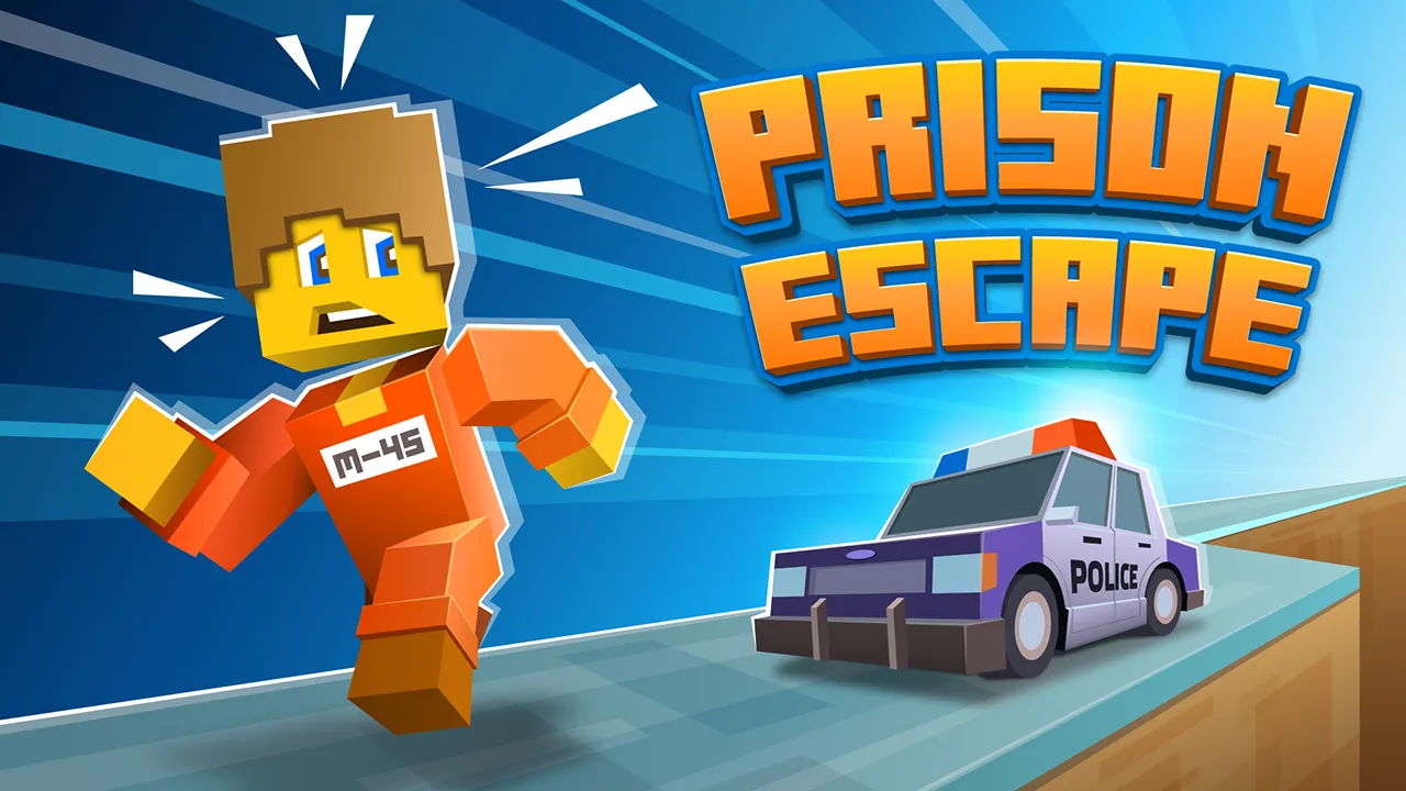 Blocky character in orange prison outfit running away from a police car on a road with text Prison Escape.