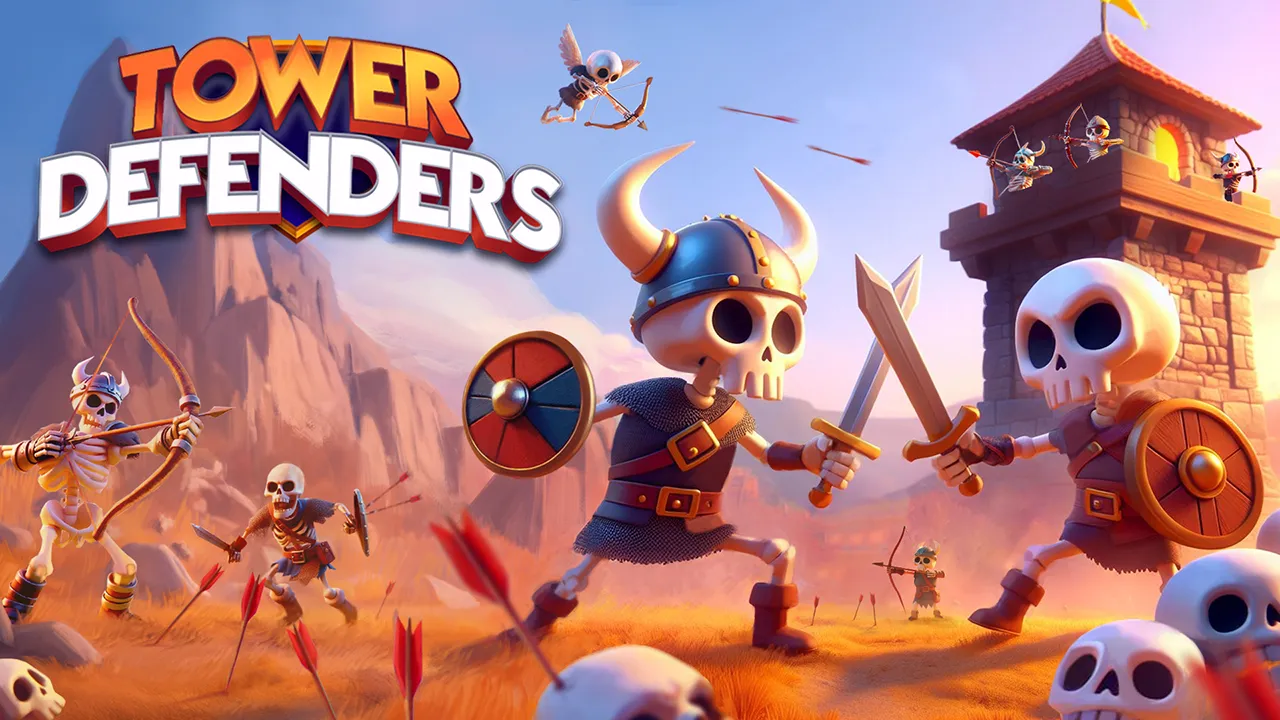 Animated skeleton warriors with swords and bows fighting near a stone tower in a fantasy landscape.