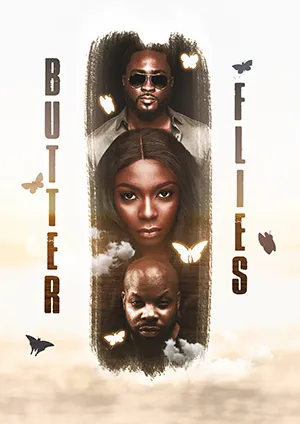Film poster with three serious faces and butterflies, titled 'Butter Flies' arranged vertically.