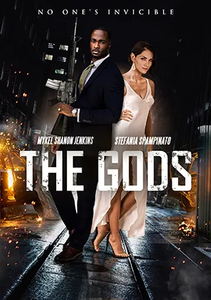 Movie poster with man in suit holding rifle beside woman in white dress, titled The Gods.