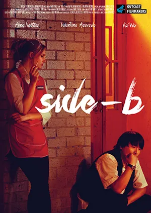 Two people in reflective poses near a brick wall and door with the title 'side-b' in white text.