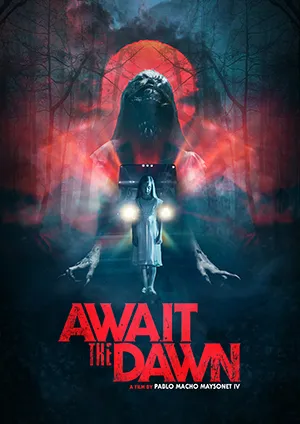 Horror movie poster showing a ghostly woman in white and a monstrous figure with a red moon in a dark forest.
