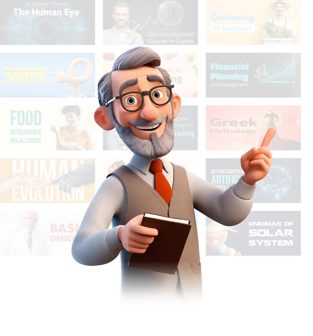 Cartoon male teacher holding book points amid diverse educational topic thumbnails in background.