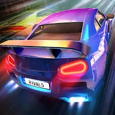 Blue sports car with glowing red taillights racing on a futuristic road at night.